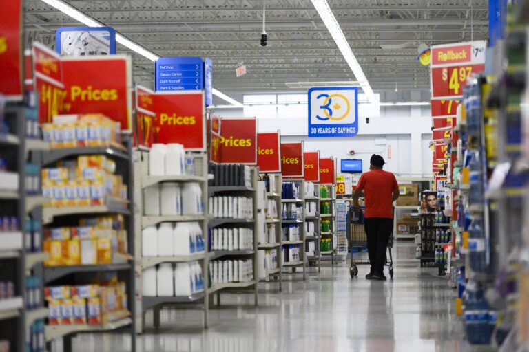 A person in a red shirt pushes a shopping cart down a brightly lit aisle in a store with fully stocked shelves and price signs overhead.