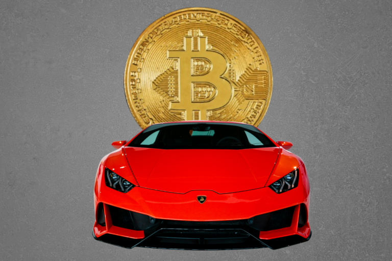 An illustration of a red Lamborghini parked in front of a large gold Bitcoin symbol.