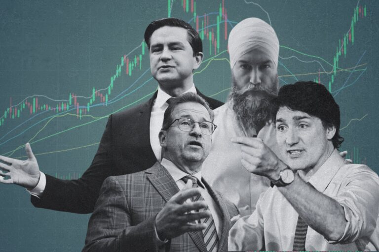Illustration of Justin Trudeau, Pierre Poilievre, Jagmeet Singh and Yves-François Blanchet in business attire.