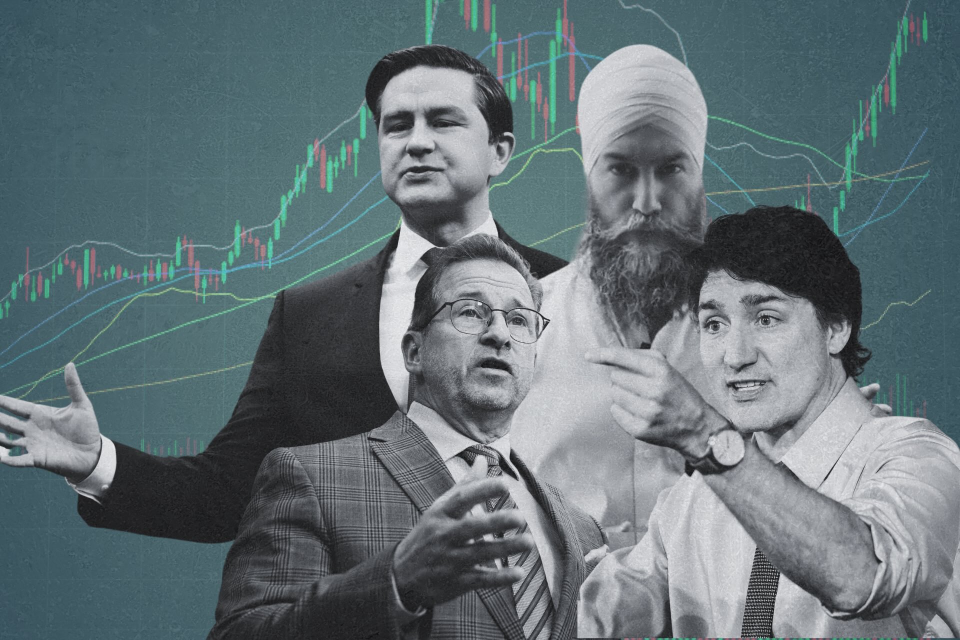 Illustration of Justin Trudeau, Pierre Poilievre, Jagmeet Singh and Yves-François Blanchet in business attire.