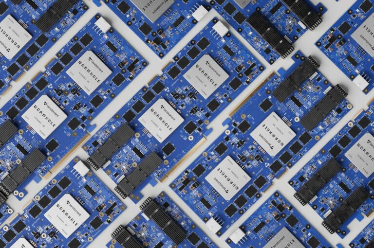 A collection of blue computer circuit boards arranged in a grid pattern, displaying various electronic components and connectors.