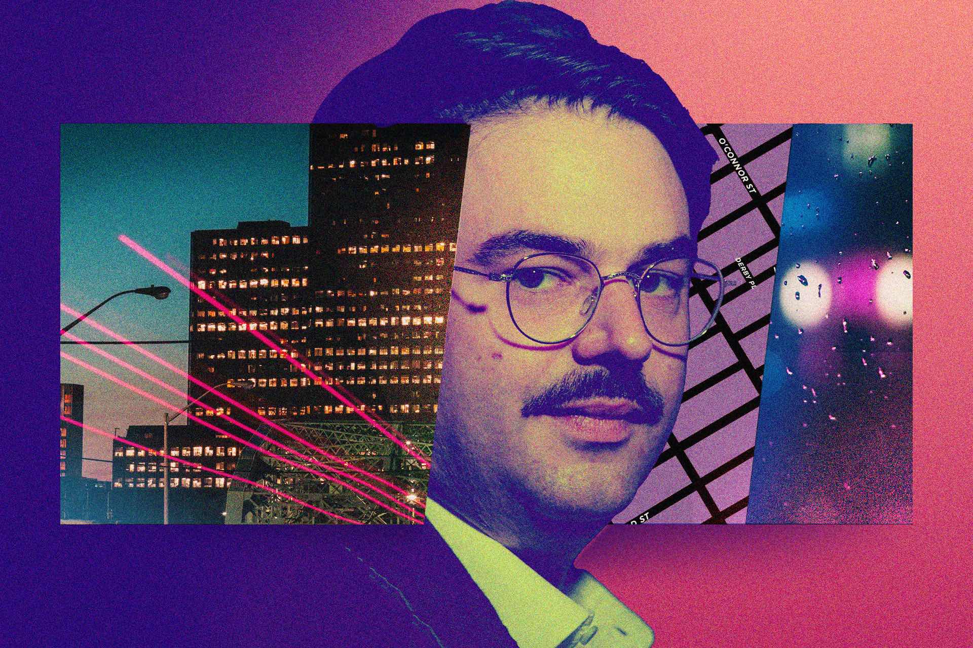 A photo illustration showing a close-up of Mathieu Grondin, who has dark hair glasses and moustache. There are dawn-to-dusk themed images from Ottawa on either side of him, including a piece of nighttime skyline and a section of downtown streetmap.