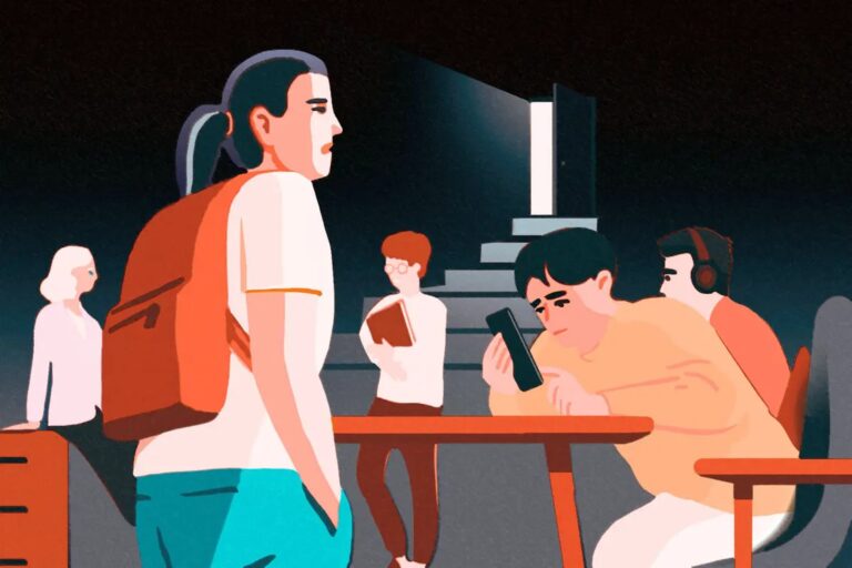 Illustration of five people indoors, one standing with a backpack, others sitting or standing, one with headphones. A staircase is visible in the background.