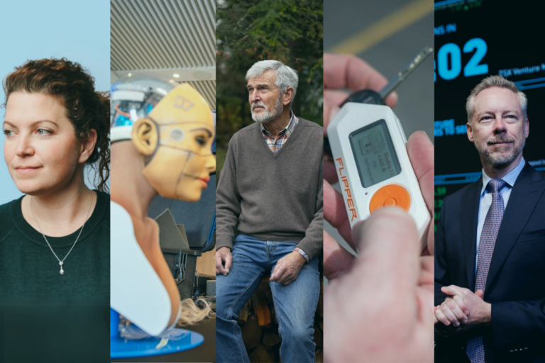 A composite image showing a woman, a robotic head, an elderly man seated, a hand holding a device, and a suited man standing in front of a digital screen.