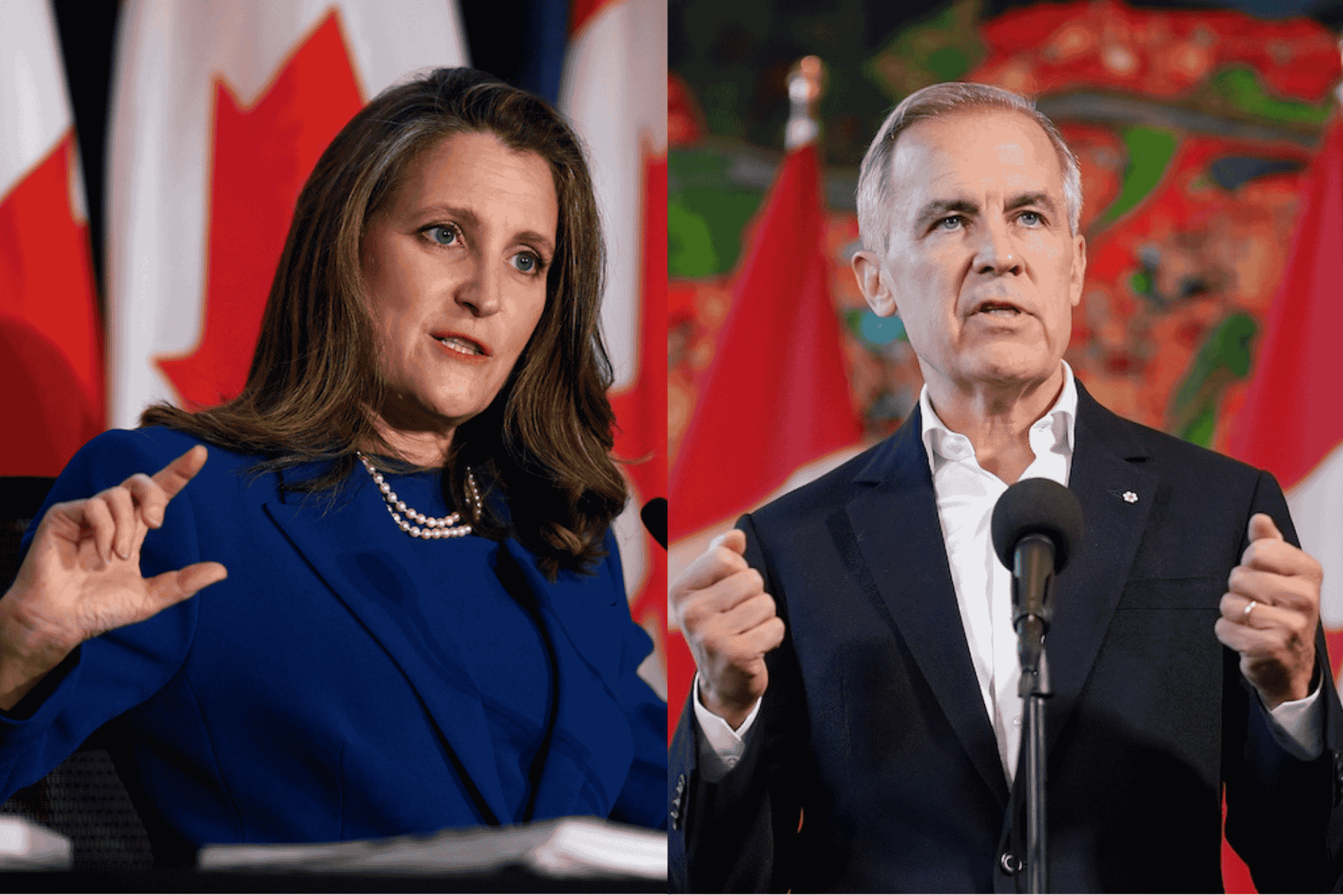 A composite photo of former finance minister Chrystia Freeland and former Bank of Canada governor Mark Carney wearing suits and speaking into microphones in front of them.