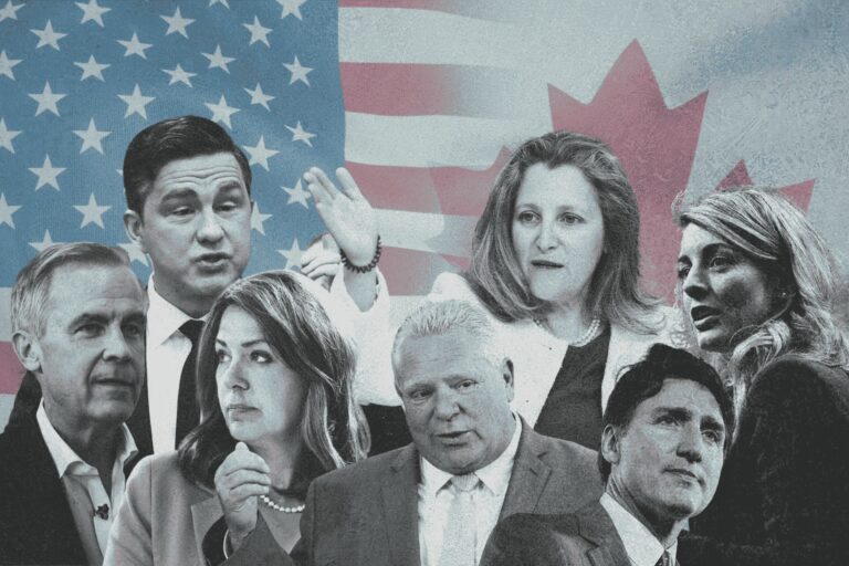 A collage of Mark Carney, Pierre Poilievre, Doug Ford, Melanie Joly, Danielle Smith, and Justin Trudeau in front of blended American and Canadian flags.