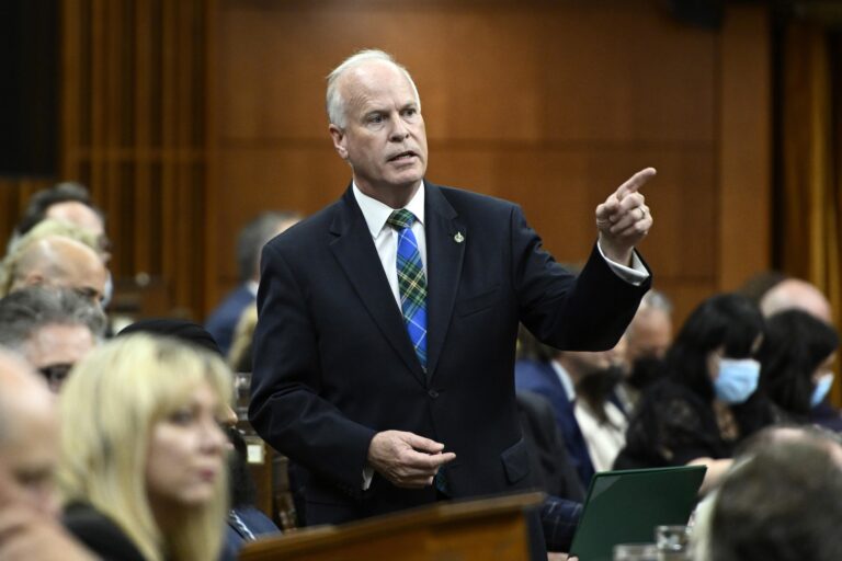 A shot of Conservative MP speaking in a crowded House of Commons, with an index finger extended as he makes his point. He's wearing a dark jacket and a blue-and-green tartan tie.