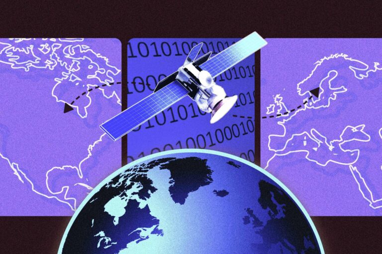 A conceptual illustration in dark blues and purples showing a satellite over the arc of Earth's surface with continental maps and a swatch of ones and zeroes in the background.