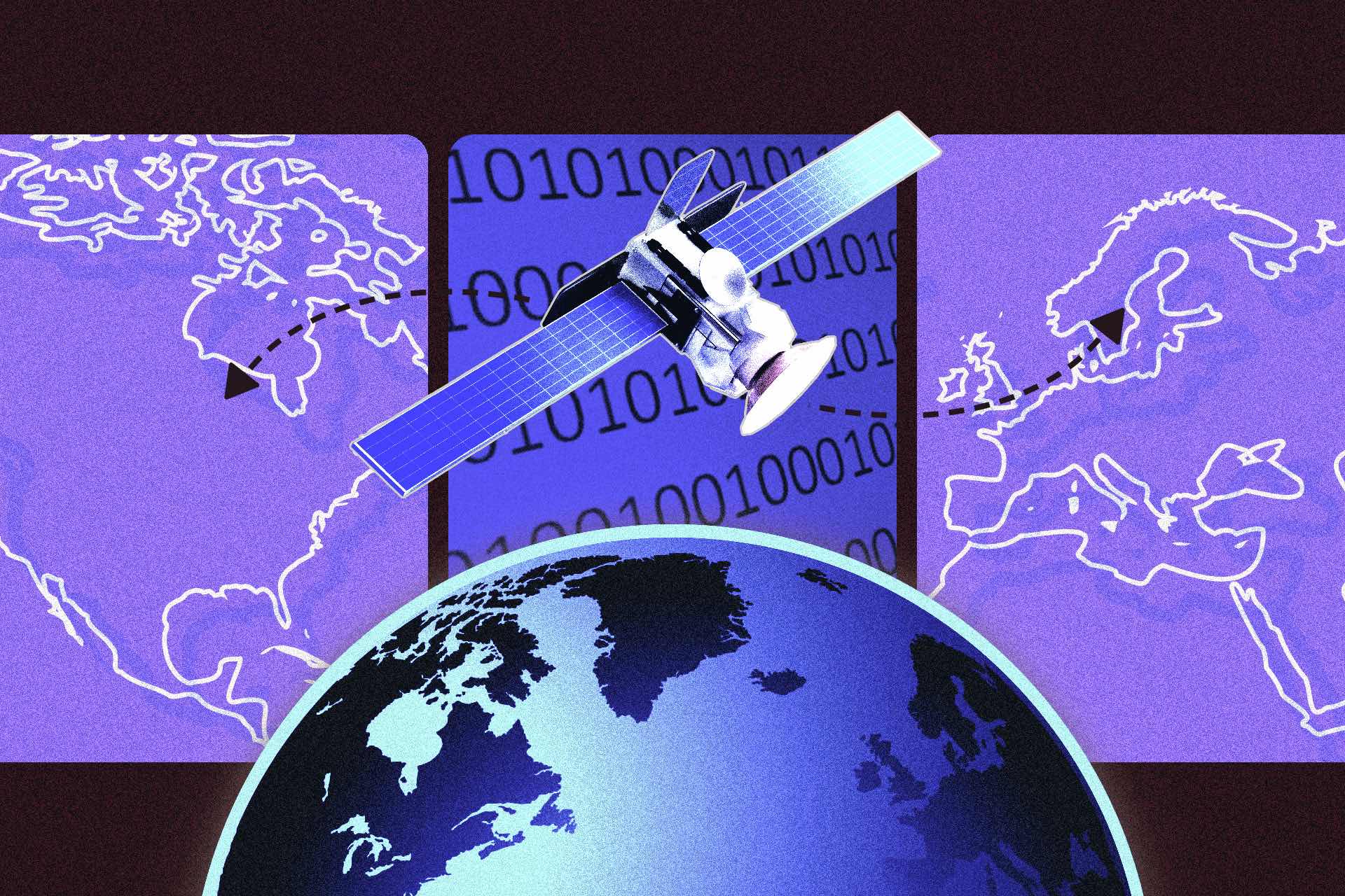 A conceptual illustration in dark blues and purples showing a satellite over the arc of Earth's surface with continental maps and a swatch of ones and zeroes in the background.
