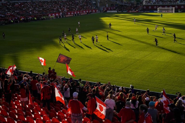 A soccer game in progress on a green field, while a crowd of onlookers with several Canadian flags watch.