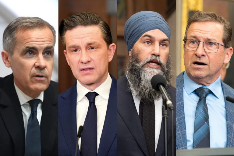 A composite photo of Liberal Leader Mark Carney, Conservative Leader Pierre Poilievre, NDP Leader Jagmeet Singh, and Bloc Québécois Leader Yves-Francois Blanchet.