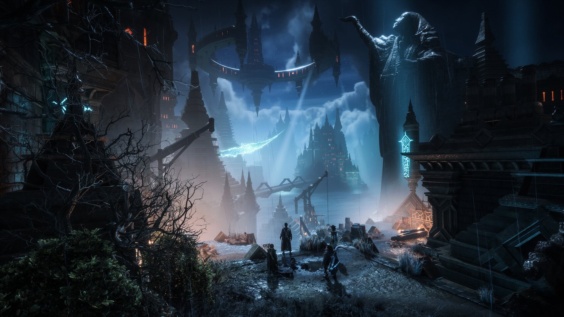 A party of adventurers stands at a cliff's edge with forest to one side of them and rune-covered buildings to the other. There is a large statue of a person holding their hand up to catch the rain. The cliff looks over water with castles on islands in the distance. Another castle floats in the sky with a ring-shaped addition around it. Spotlights and a dimensional rift can be seen.