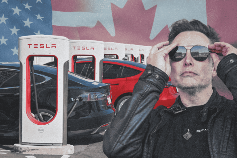 A photo illustration showing Elon Musk in the foreground donning a set of sunglasses. Beside him is a row of Tesla car chargers, with Tesla vehicles visible in the first two bays. The backdrop is a composite of the U.S. and Canadian flags.