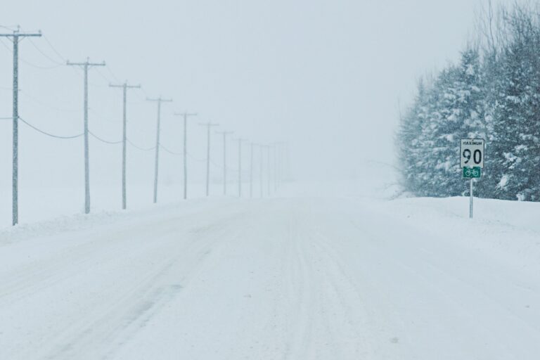 Snow-covered road with power lines, trees to the right, and a speed limit sign showing 90. Visibility is low due to heavy snowfall.