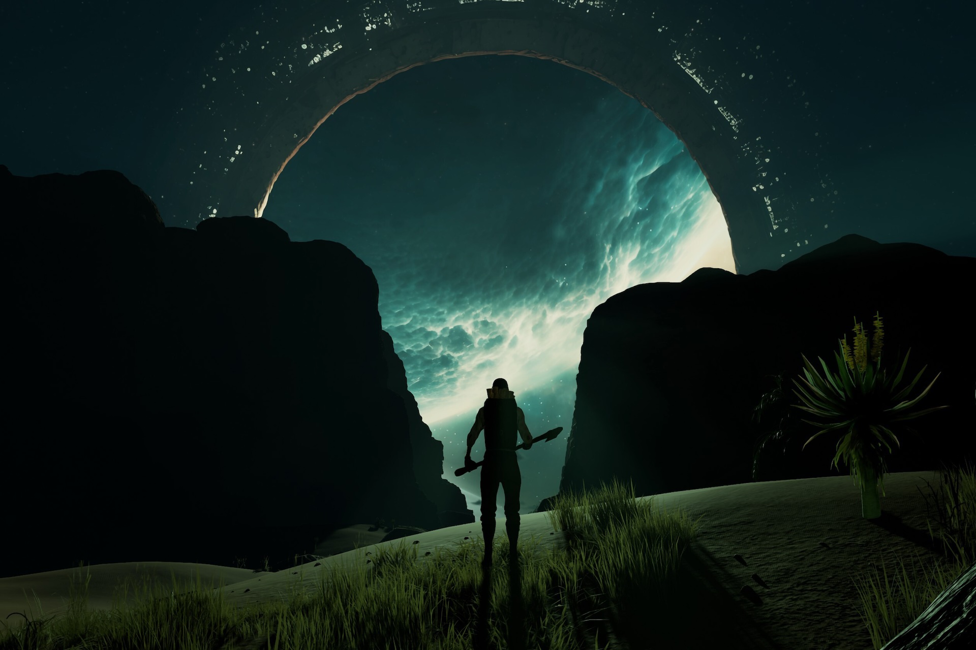 Screenshot of the game Nightingale with the silhouette of a person holding an axe standing in a field with a giant circular structure across the sky