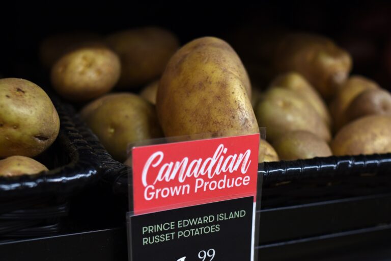 A close-up of a red label reading "Canadian grown produce" attached to a shelf in front of Prince Edward Island Russet potatoes.