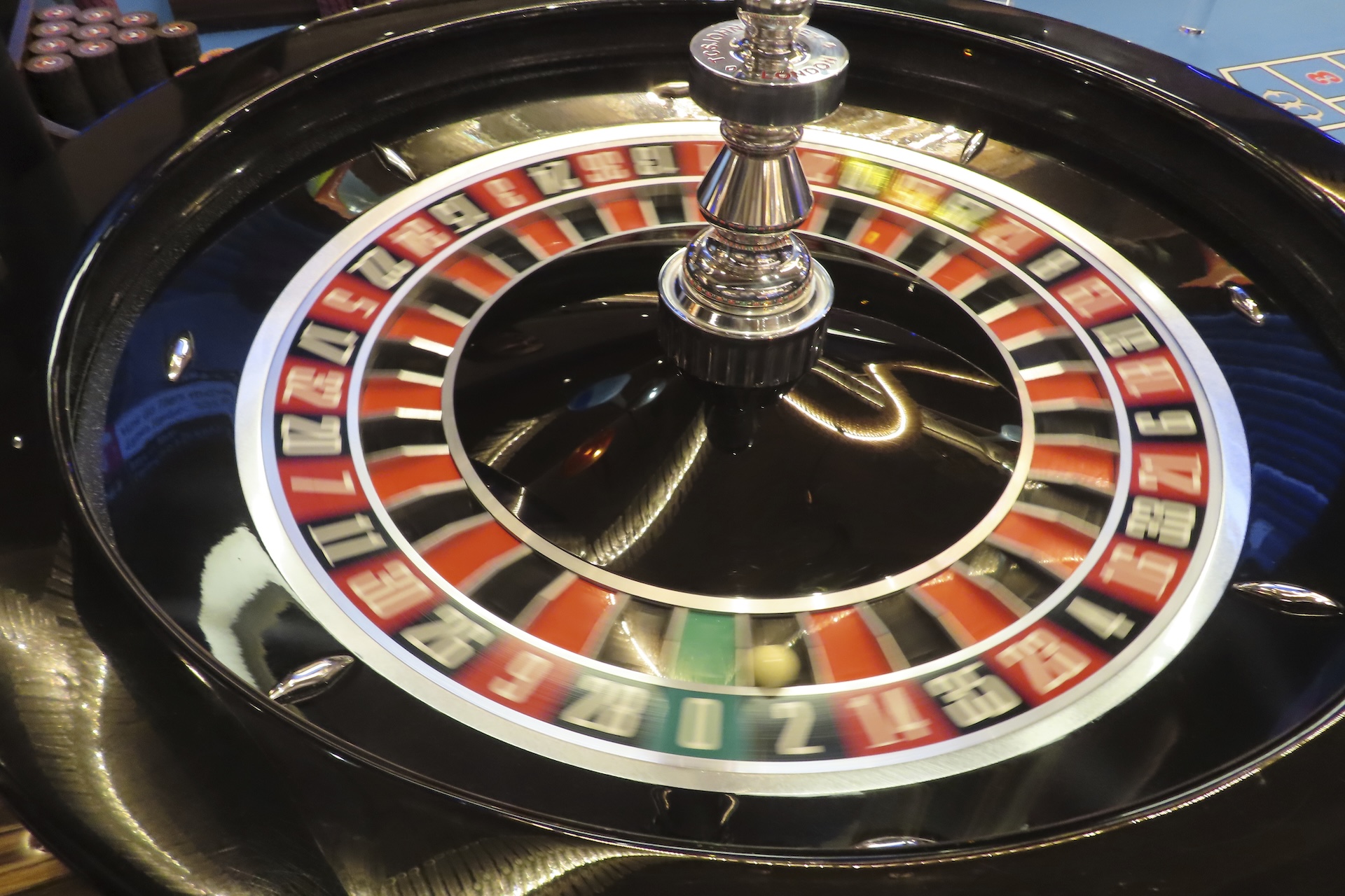 A close-up shot of a roulette wheel spinning during a game at a casino on May 17, 2023.