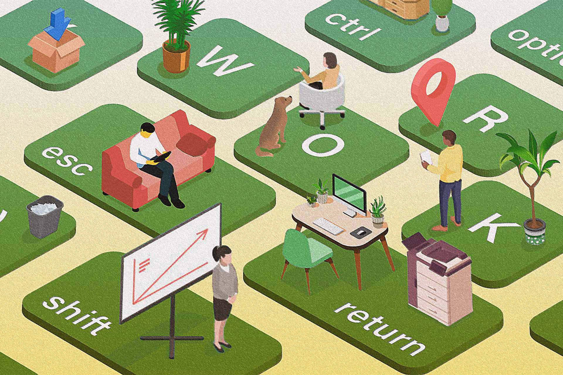 An abstract illustration of office workers on a computer keyboard.