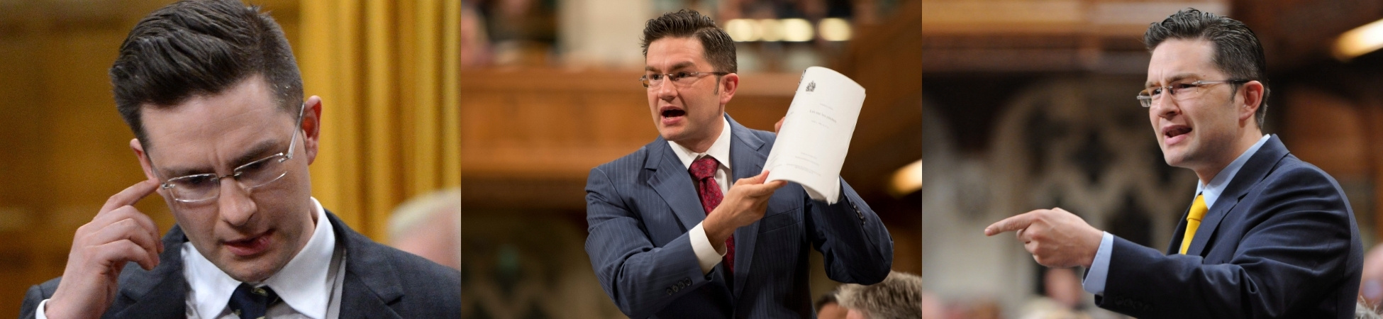 A ribbon of three photo frames showing Pierre Poilievre speaking and reacting theatrically in the House of Commons.