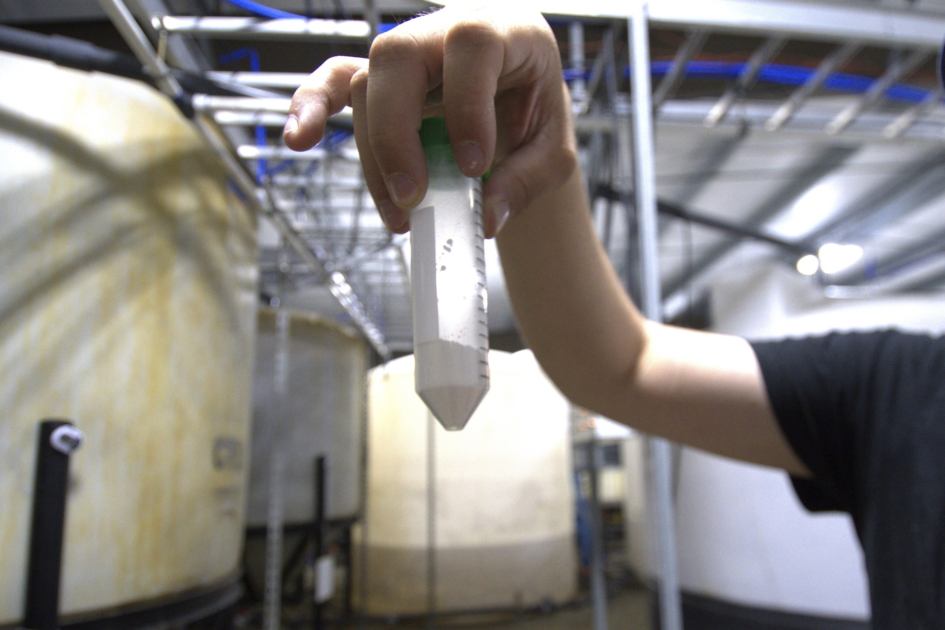 A vial with a white powder being held up by the person's hand in an industrial facility.