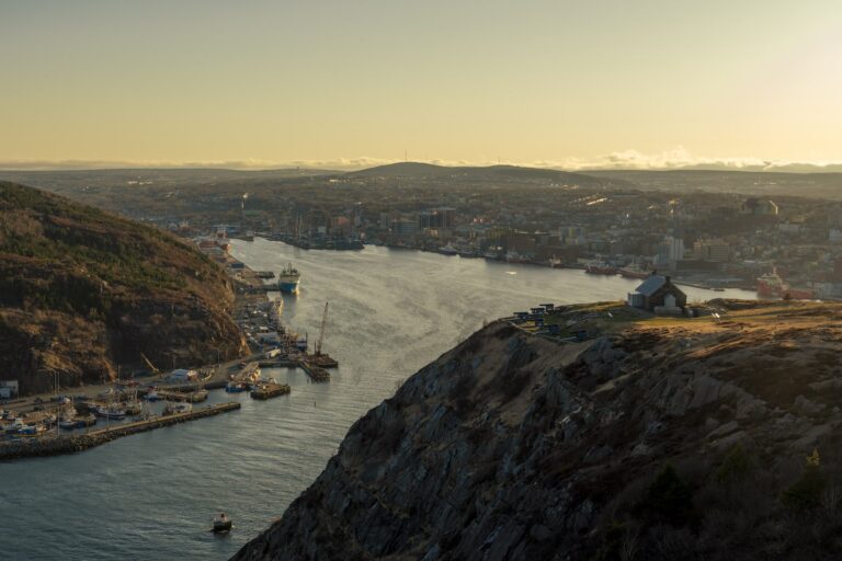 A wide view of a coastal city and harbor bordered by hills, with various ships docked along the waterfront under a hazy sky.