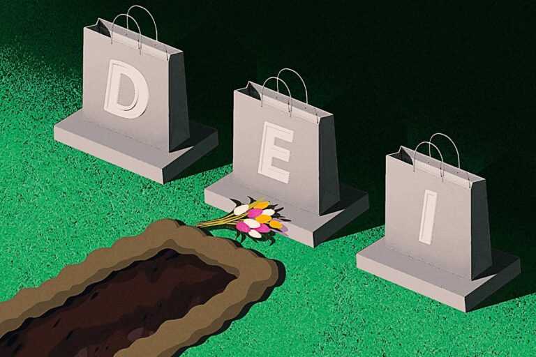 Three gray shopping bags labeled "D," "E," and "I" stand upright by a grave with a bouquet of flowers placed in front of them on green grass.