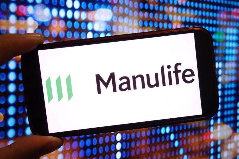 In this photo illustration, the Manulife company logo is seen displayed on a smartphone screen.