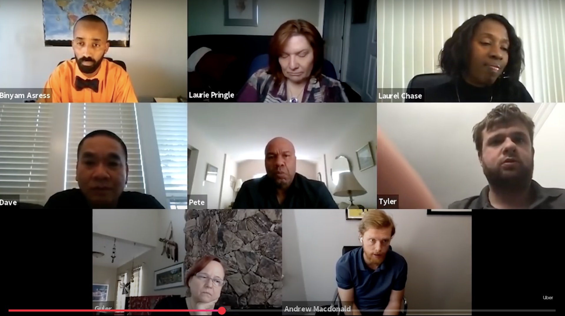 A screenshot of a video conference call showing nine participants in separate frames, each appearing to engage or listen during the meeting.