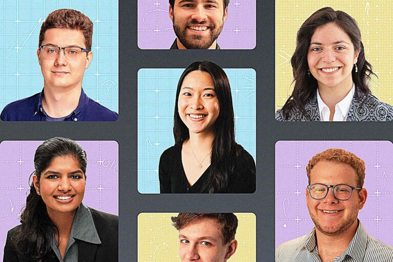A collage of headshots of smiling young people arranged in three columns with pastel-coloured. graph paper background elements