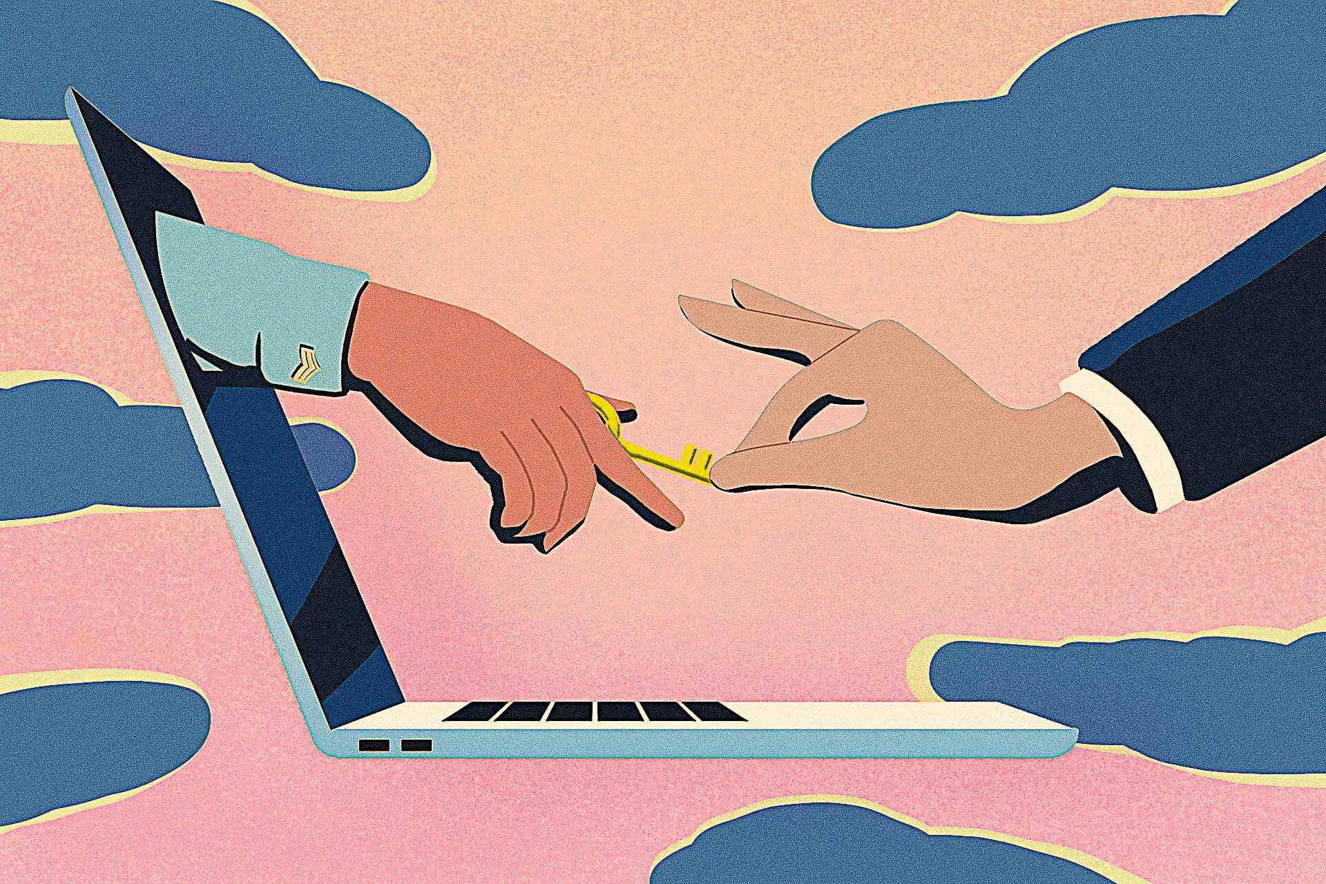 An illustration showing an arm with a security or law enforcement insignia on the cuff emerging from a laptop screen. It is receiving a skeleton key from a hand that represents the political arm of government.