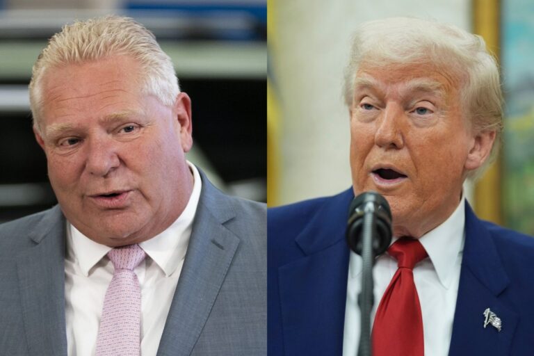 A diptych of Doug Ford and Donald Trump. Ford is on the left, in a grey suit and pink tie. Trump is behind a microphone, and wearing a blue jacket and red tie.