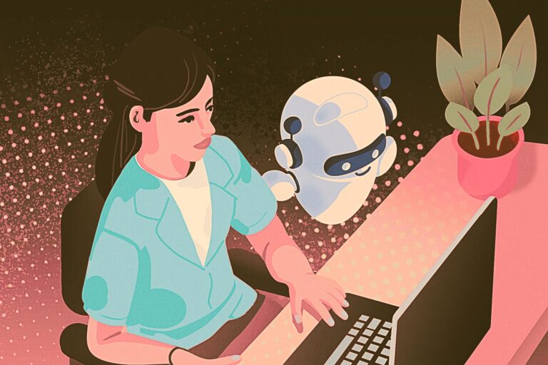 Illustration of a woman sitting at a computer typing, with a small robot standing next to her