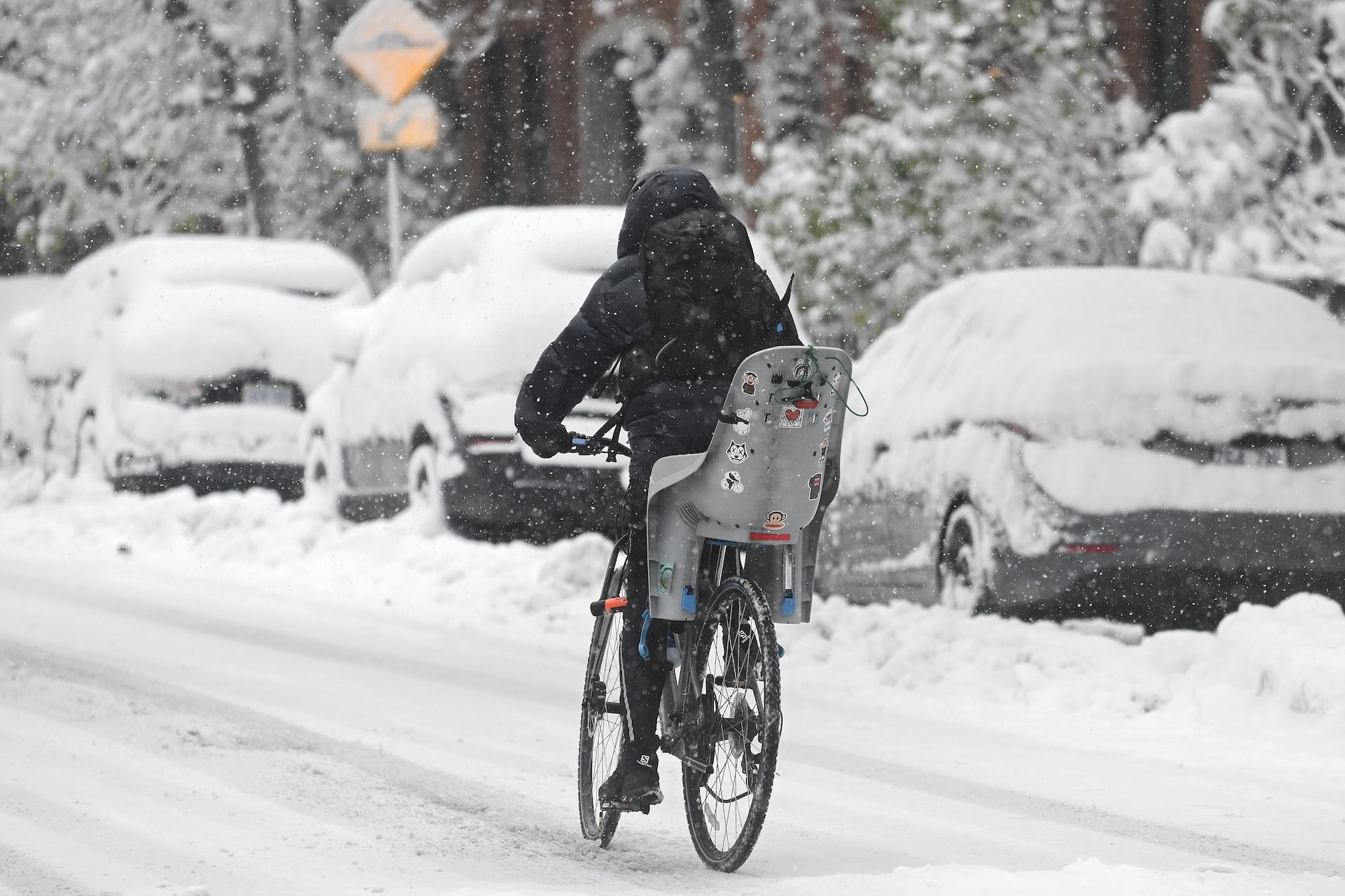 A person in a dark jacket rides a bicycle with a child seat through a snowy street. Parked cars and trees are blanketed with snow, creating a wintry scene.