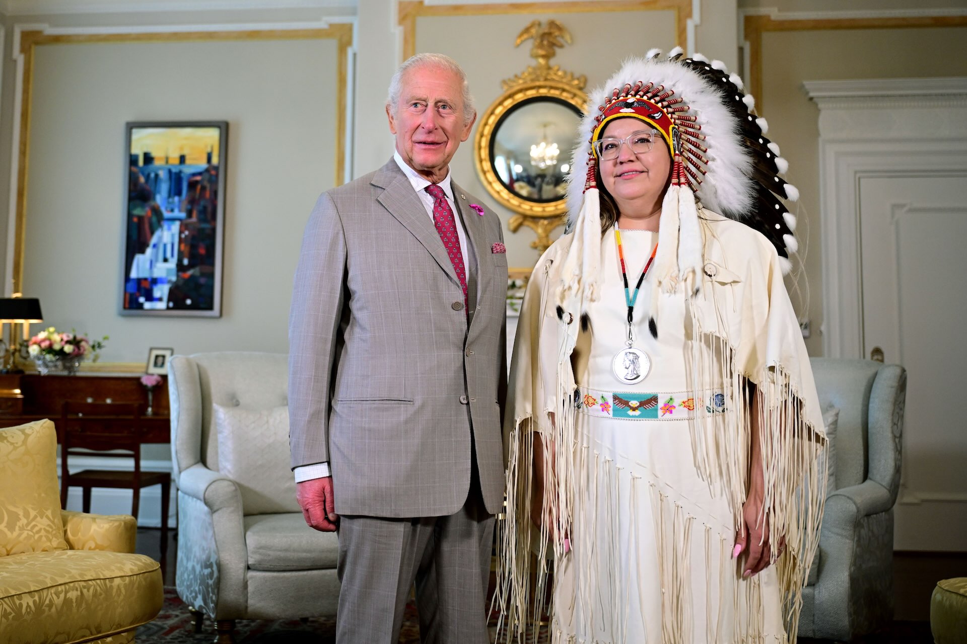 King Charles and Assembly of First Nations Chief Cindy Woodhouse Nepinak standing next to each other for a picture