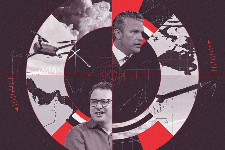 A photo illustration showing a variety of map and military elements, including images of a quadcopter and missile. Images of Pete Hegseth and Dario Amodei are also in the illustration.