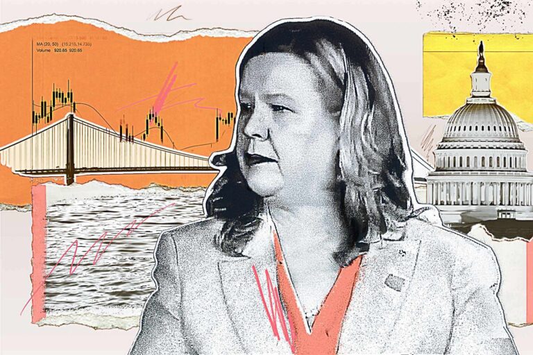 A photo illustration with an image of Janice Charette in the foreground, and a bridge and the U.S. Capitol dome in the background.
