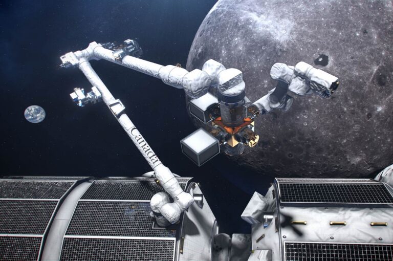 An artist's rendering of the Canadarm3 mounted on a space station orbiting the moon. Earth is visible in the distant background.