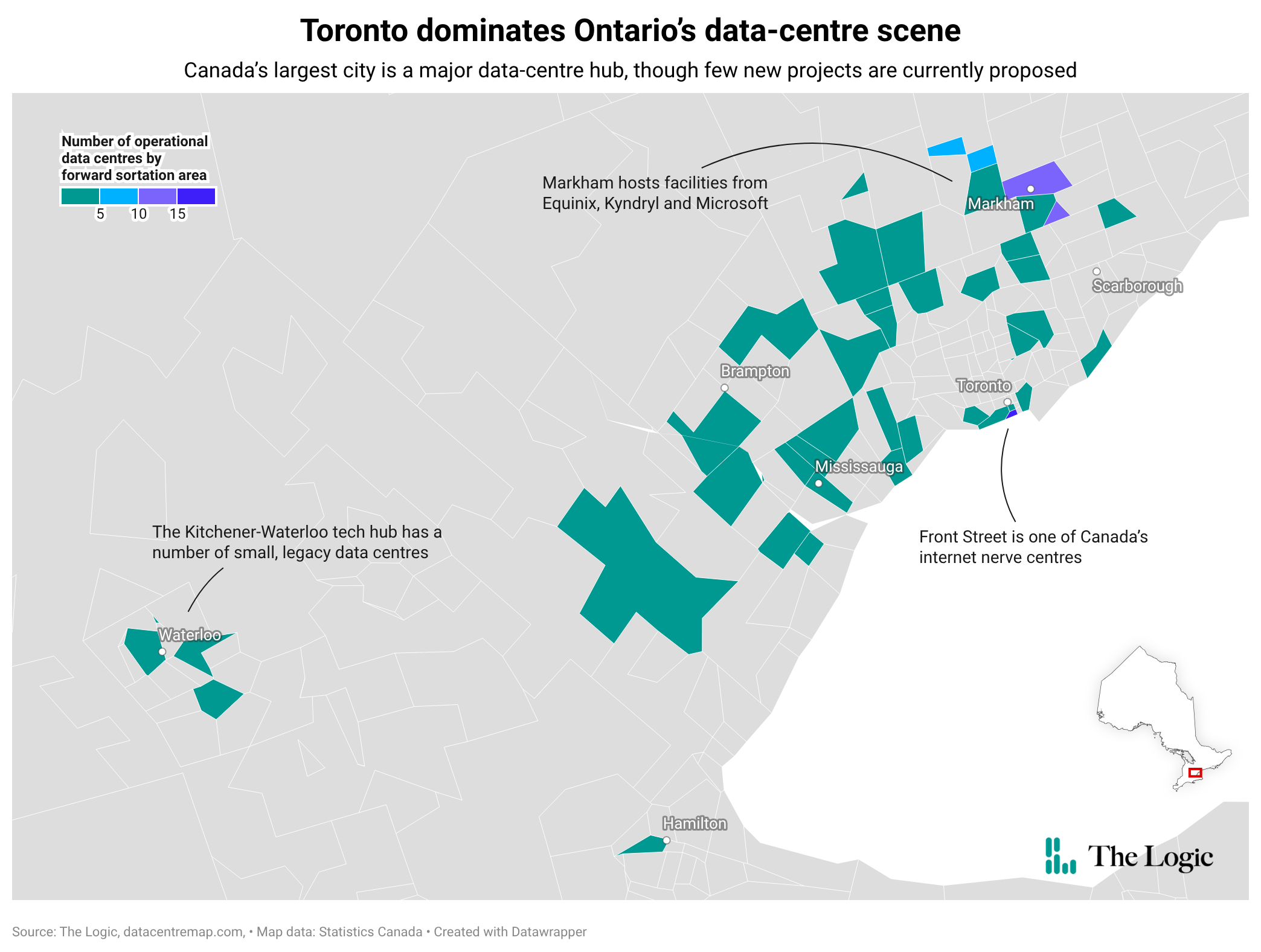 A map of Southern Ontario titled "Toronto dominates Ontario's data-centre scene" with the subhead "Canada's largest city is a major data-centre hub, though few new projects are currently proposed." The map is divided into forward sortation areas (the first three characters of a postal code), with the colour indicating how many data centres that area hosts. There are a couple dozen green codes throughout the metropolitanToronto area (up to five data centres), with a couple blue (5-10 data centres) and purple (10-15 data centres) areas near Markham. There is one tiny dark purple area right at the waterfront in downtown Toronto. A label pointing to it says "Front Street is one of Canada's internet nerve centres." A label pointing to some green areas around Waterloo says "The Kitchener-Waterloo tech hub has a number of small, legacy data centres." A label pointing to Markham says "Markham hosts facilities from Equinix, Kyndryl and Microsoft."