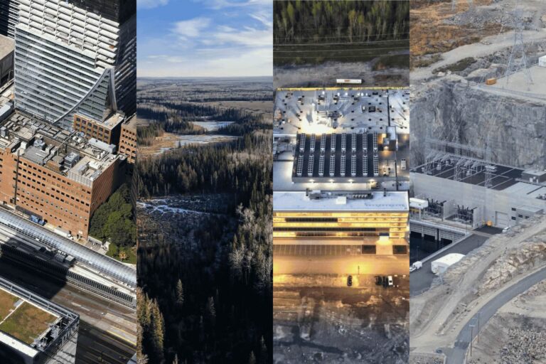 Four vertical slices of aerial view photos. From left, a building in downtown Toronto housing several data centres, a picture of the Albertan wilderness where the proposed Wonder Valley data centre would go, a lit-up QScale data centre in Quebec, and a data centre at a Hydro-Quebec dam.