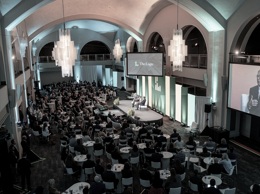 Overhead view of speakers and crowd at the Logic Summit