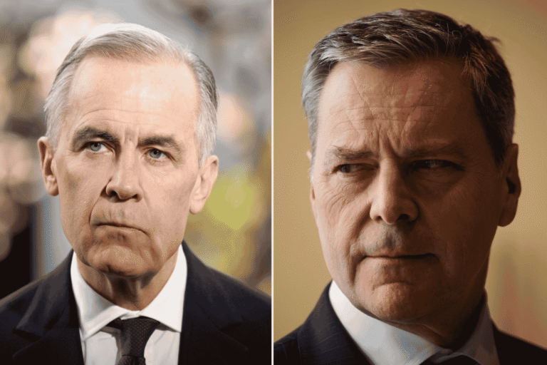 A diptych showing Mark Carney on the left, and CIBC CEO Harry Culham on the right.