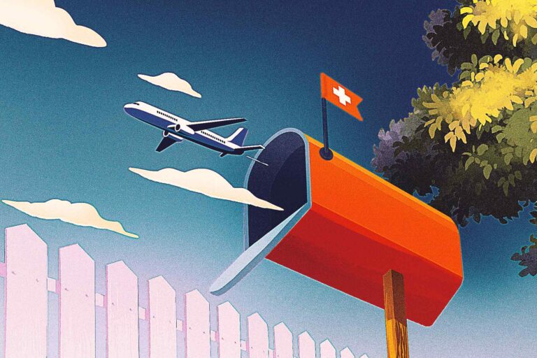Illustration of a plane flying above a mailbox