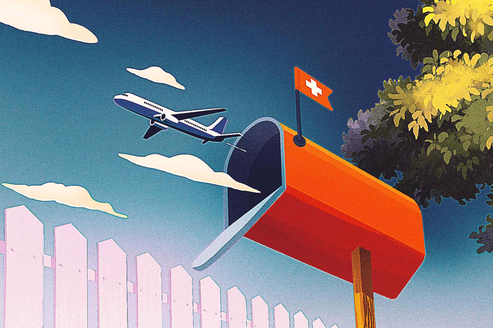 Illustration of a plane flying above a mailbox