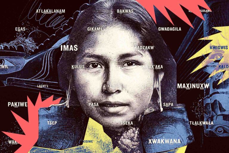 A photo illustration featuring an archival photo taken in 1914 of a young Kwakiutl woman. Around her are shadowy images of totems and carved figures from her community on B.C.'s central coast. Super-imposed on the photos are words in Kwak'wala, the language of the Kwakiutl.