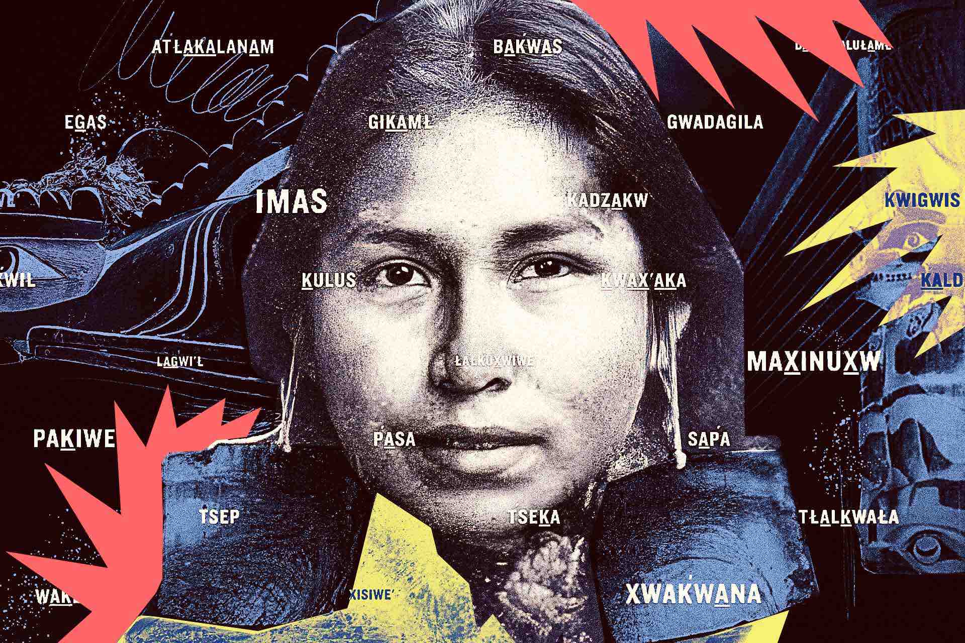 A photo illustration featuring an archival photo taken in 1914 of a young Kwakiutl woman. Around her are shadowy images of totems and carved figures from her community on B.C.'s central coast. Super-imposed on the photos are words in Kwak'wala, the language of the Kwakiutl.