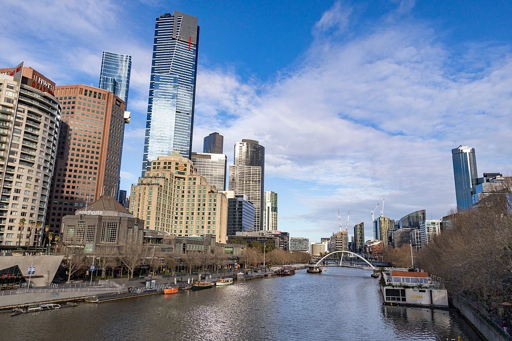 Melbourne city center skyline with views towards the Evan Walker pedestrian bridge flanked by Eureka Tower and far left Crown Casino on Melbourne Southbank.