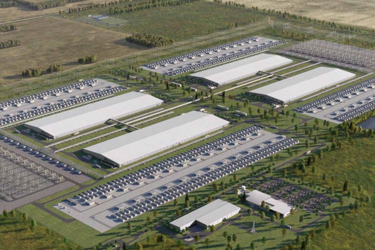 An aerial-style rendering of a massive data centre on a prairie landscape of farm fields and trees.