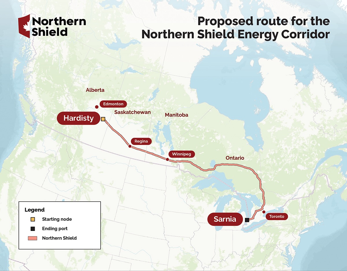 A map labeled "Proposed route for the Northern Shield Energy Corridor," showing a route across Canada that starts in Hardistry, Alta., southeast of Edmonton, and running through Regina and Winnipeg before curling through Ontario and around the Great Lakes to end in Sarnia.
