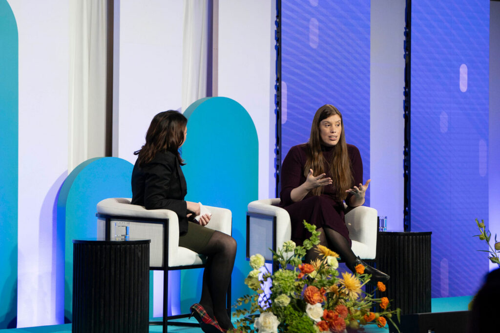 Former SRTX CEO Katherine Homuth speaks with reporter Anita Balakrishnan on stage