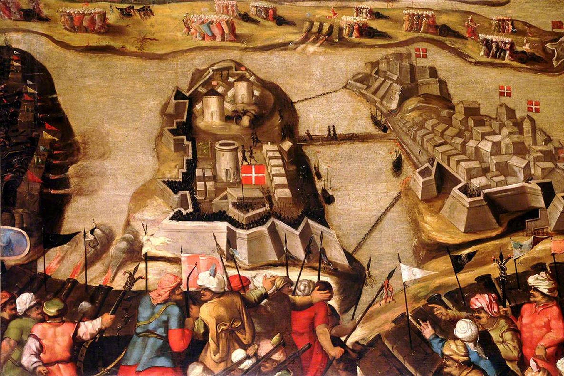 A painting depicting a sandy battlefield. Men wearing turbans stand behind a tall barrier, overlooking enemy camps and soldiers below.